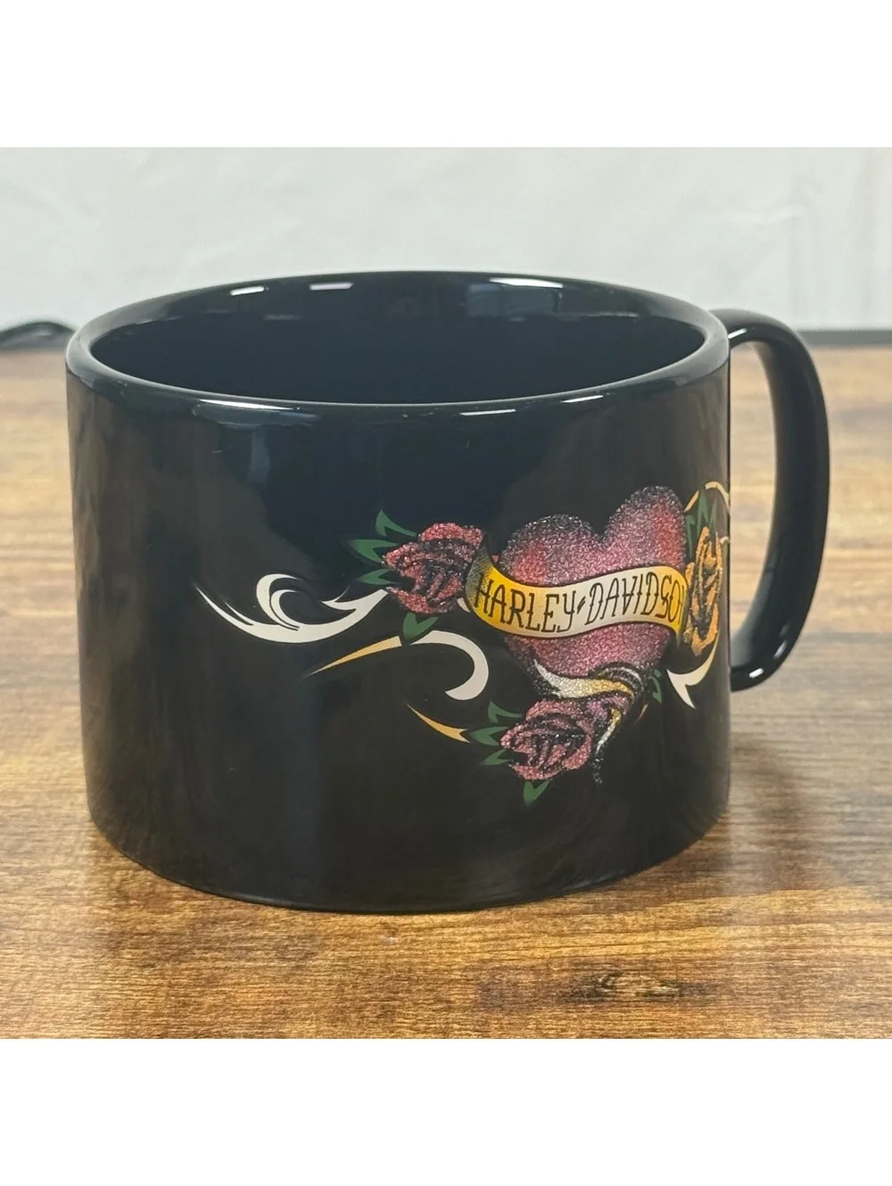 Harley Davidson 2008 Black Coffee Mug Tattoo Heart Roses Design Large